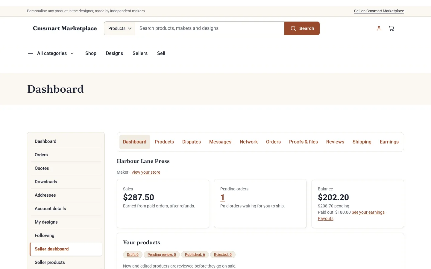 Seller dashboard with sales, pending orders and balance, and product status counts