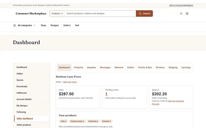 Cmsmart Marketplace seller dashboard with sales, pending orders, balance and product status counts