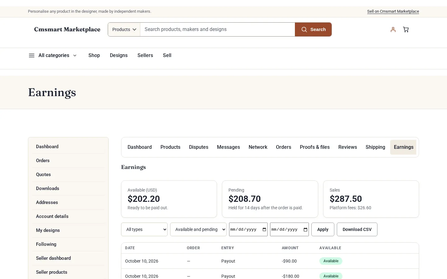 Seller earnings page with available, pending and sales totals and a ledger with CSV download