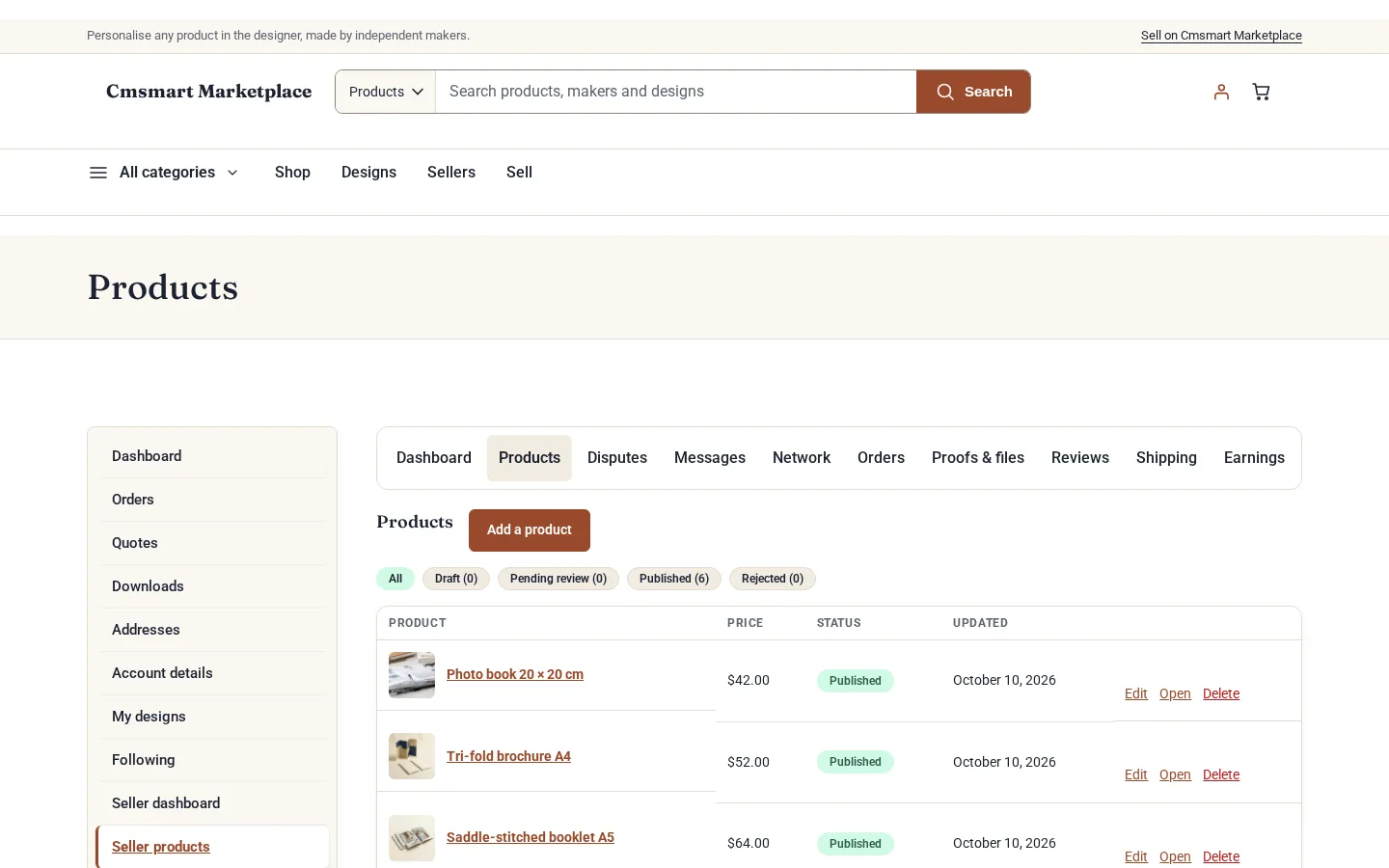 Seller products list with draft, pending review, published and rejected filters and an Add a product button