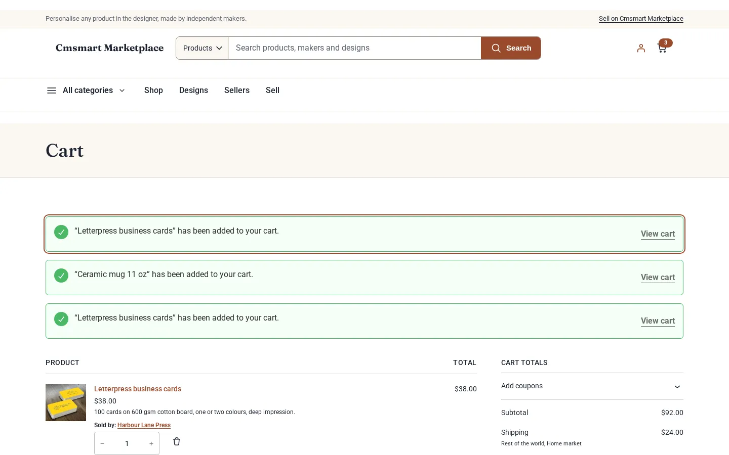 Cart with products from several sellers, each line marked Sold by its seller, paid in one checkout