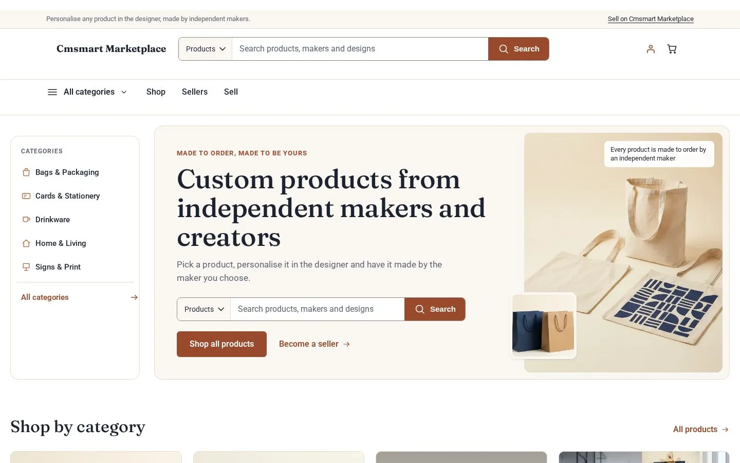 Cmsmart Marketplace Store home page with a category rail, search across products, makers and designs, and a Become a seller link