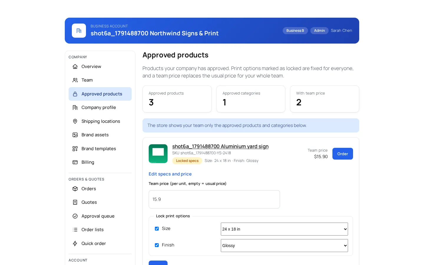 Approved products page where a company admin sets team prices and locks print options