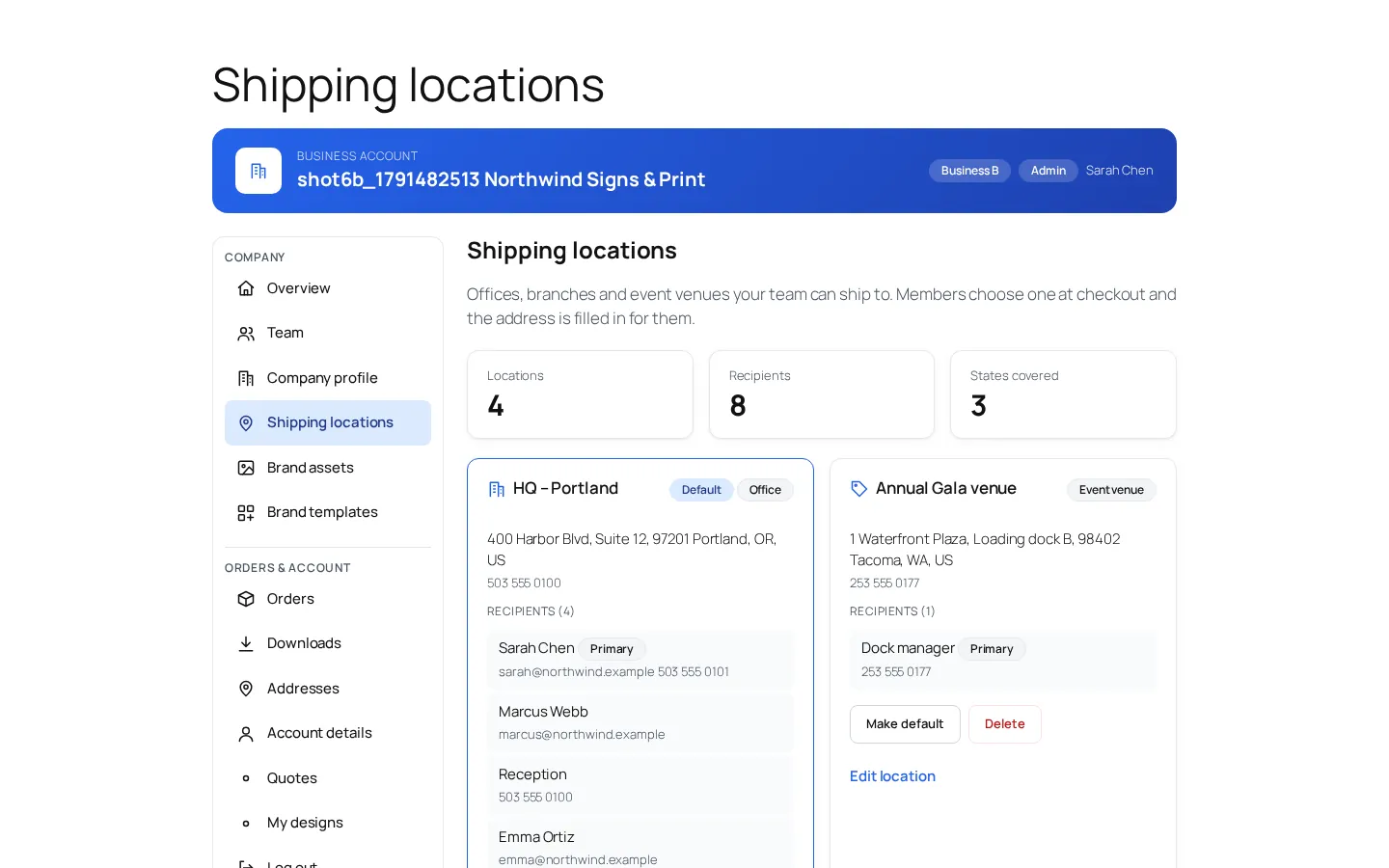 Shipping locations page listing offices and event venues with recipients and a default location
