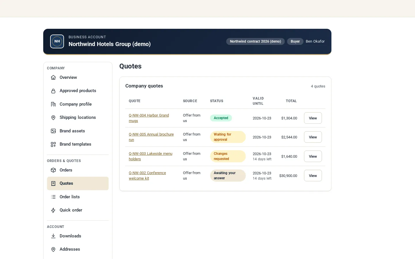 Company quotes in the Buyer Account with accepted, waiting for approval and changes requested statuses