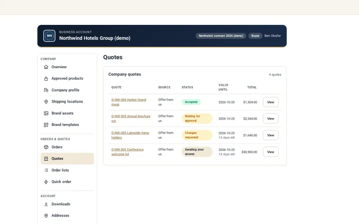 Company quotes in the Cmsmart B2B Buyer Account with accepted, waiting for approval and changes requested statuses