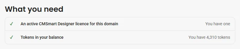 Dashboard checklist for the AI tools: an active Cmsmart licence for the store domain and tokens in the balance