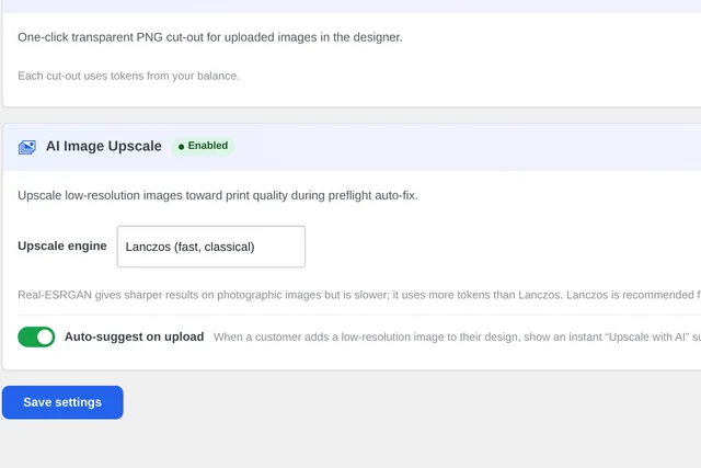 Upscale engine choice in the Cmsmart plugin or dashboard (real capture, demo data)