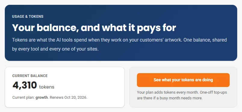 Usage and Tokens in the Cmsmart dashboard: current token balance and plan