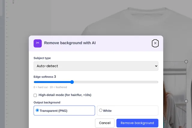 One-click background removal in the Cmsmart plugin or dashboard (real capture, demo data)
