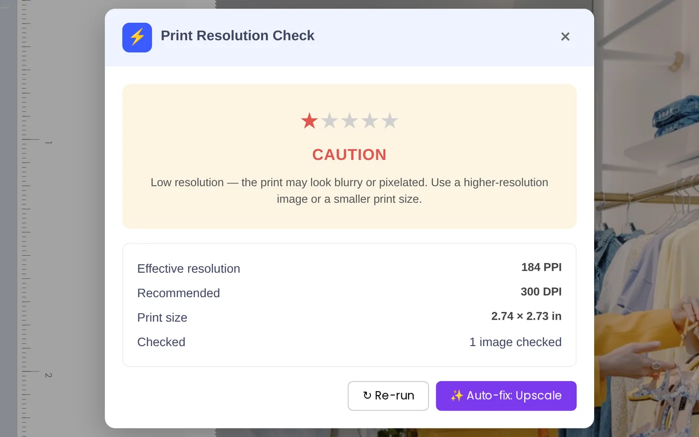 Print Resolution Check panel showing a low-resolution caution with effective and recommended PPI