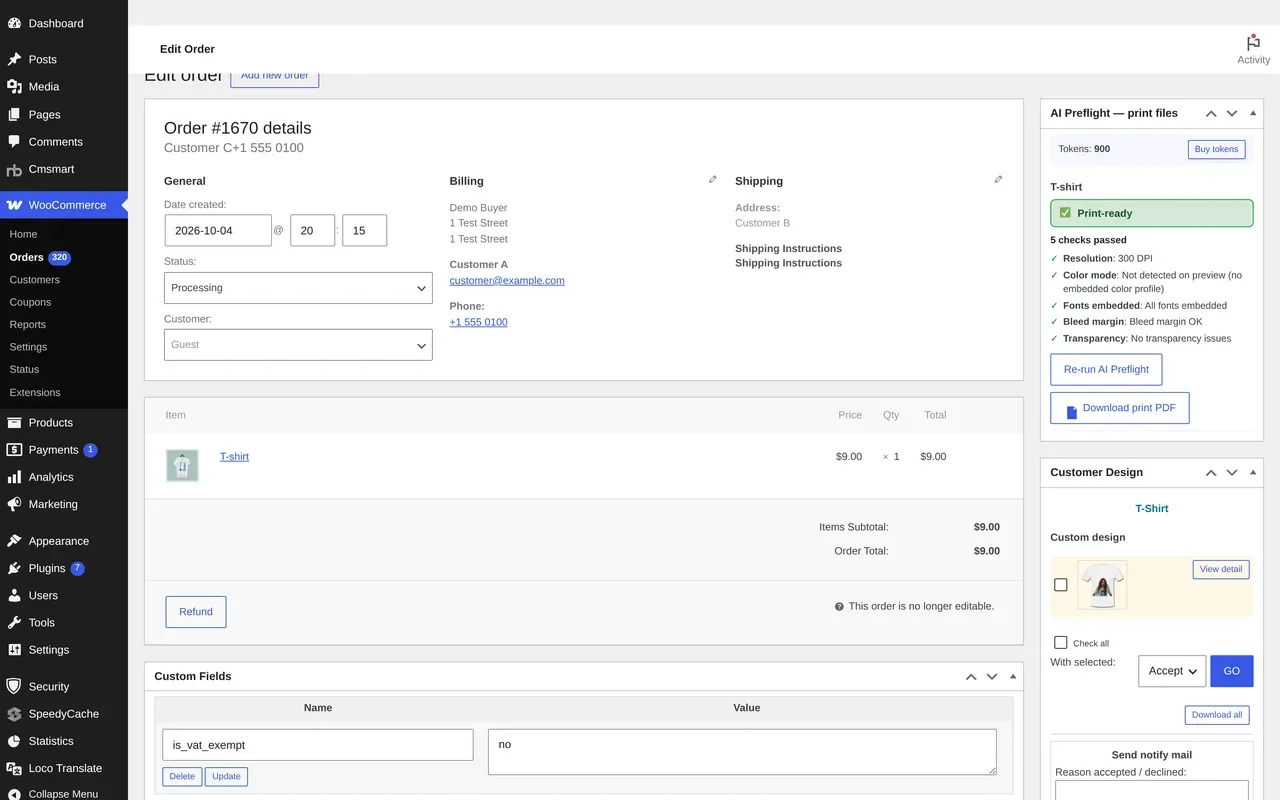 Short clip: AI Preflight on the print PDF in the WordPress order screen