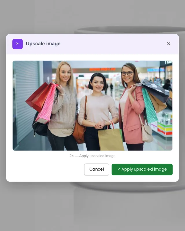 Upscale image dialog showing the upscaled photo with an Apply upscaled image button, on a mug design
