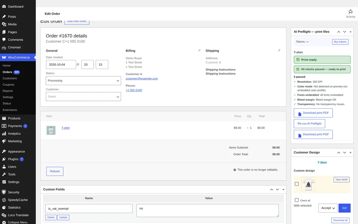 WordPress admin order with the AI Preflight print files panel showing Print-ready and all checks passed