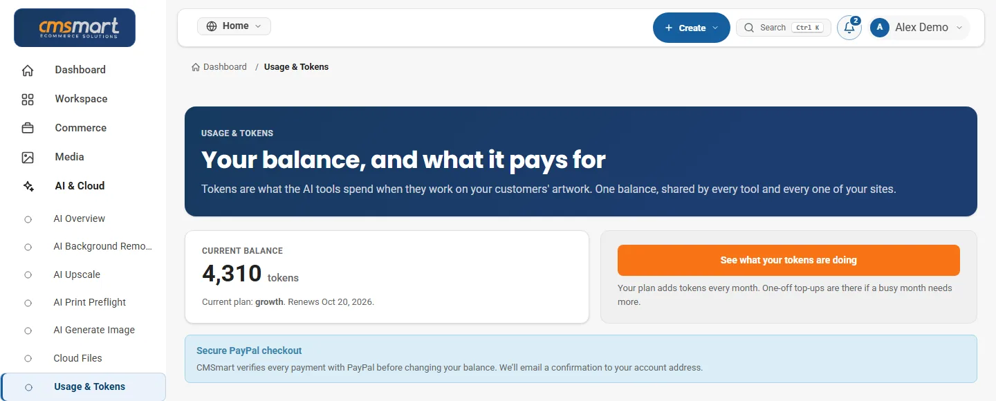 AI token balance and current plan in the Cmsmart dashboard