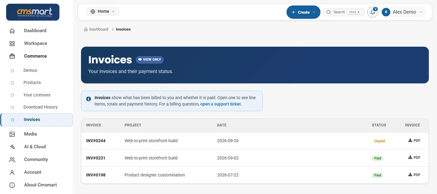 Invoices with payment status in the Cmsmart dashboard
