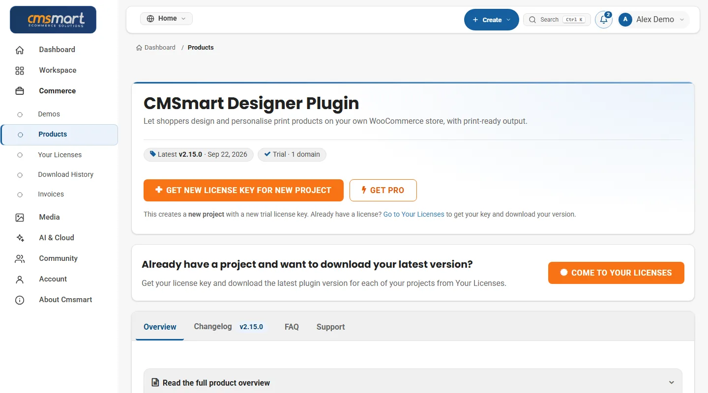 Create a new project to get a free Cmsmart trial licence key