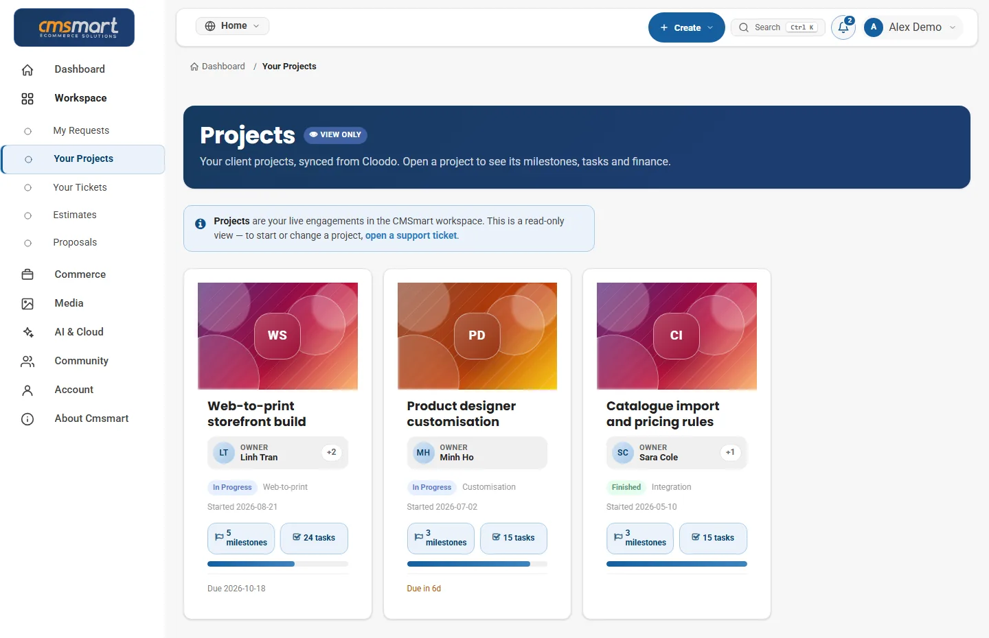 Client project cards with progress, milestones and tasks