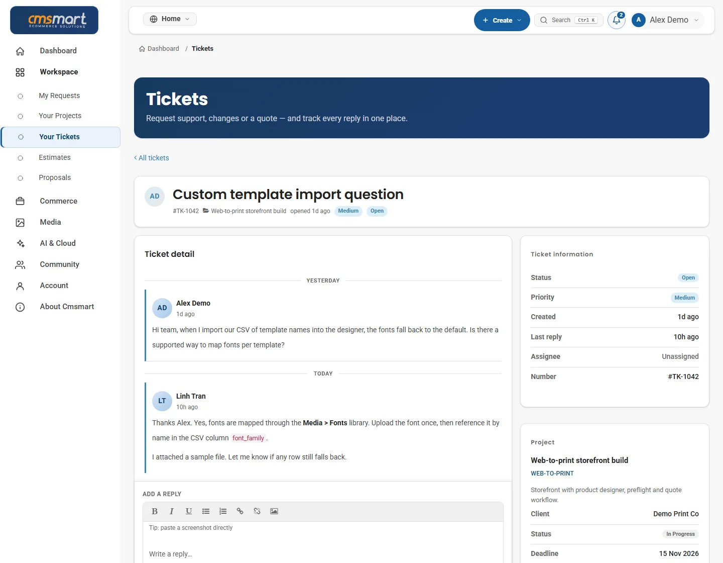 Ticket conversation with project details and related tickets