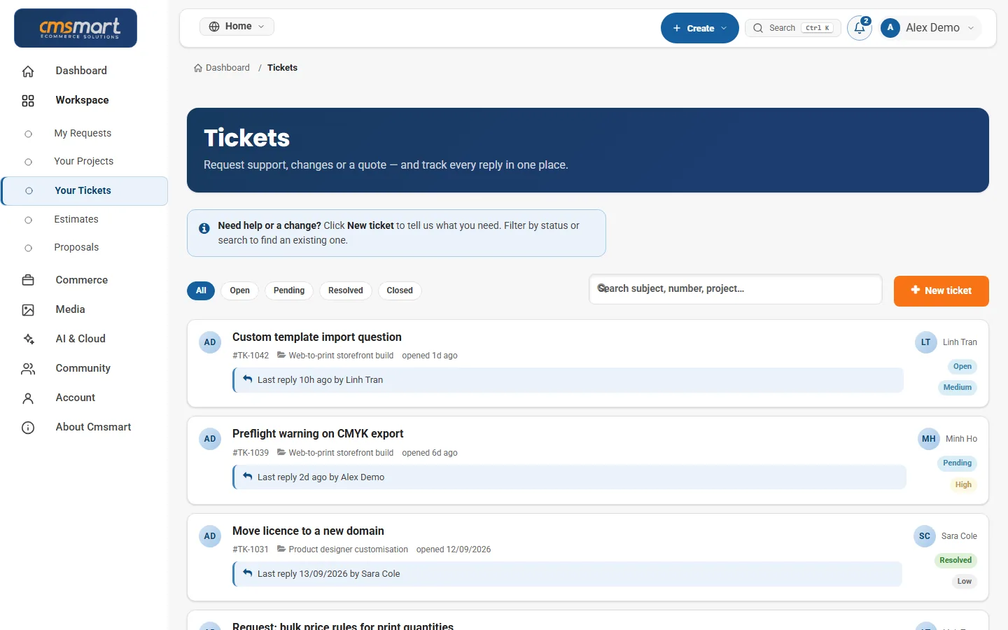 Support ticket list with status, priority and last reply