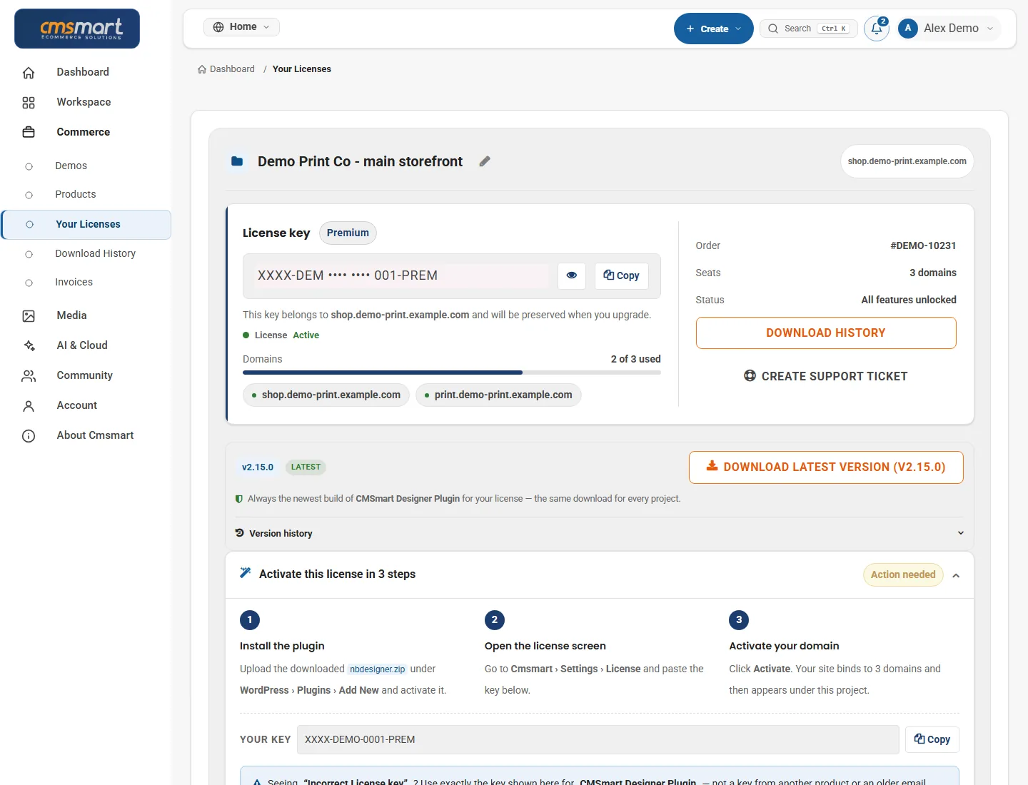 Licence key, activated domains and download for a Cmsmart plugin