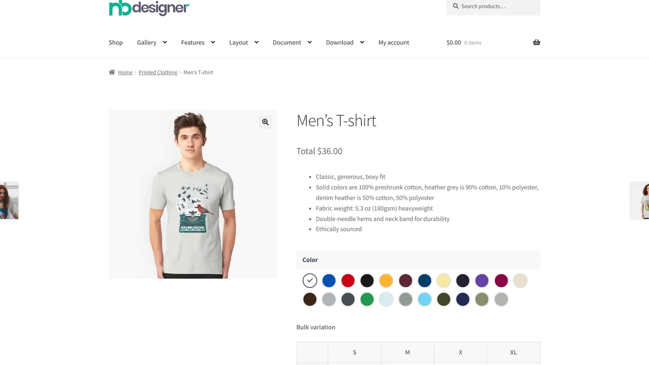 T-shirt product page of a ready-made WooCommerce apparel store with colour and size options