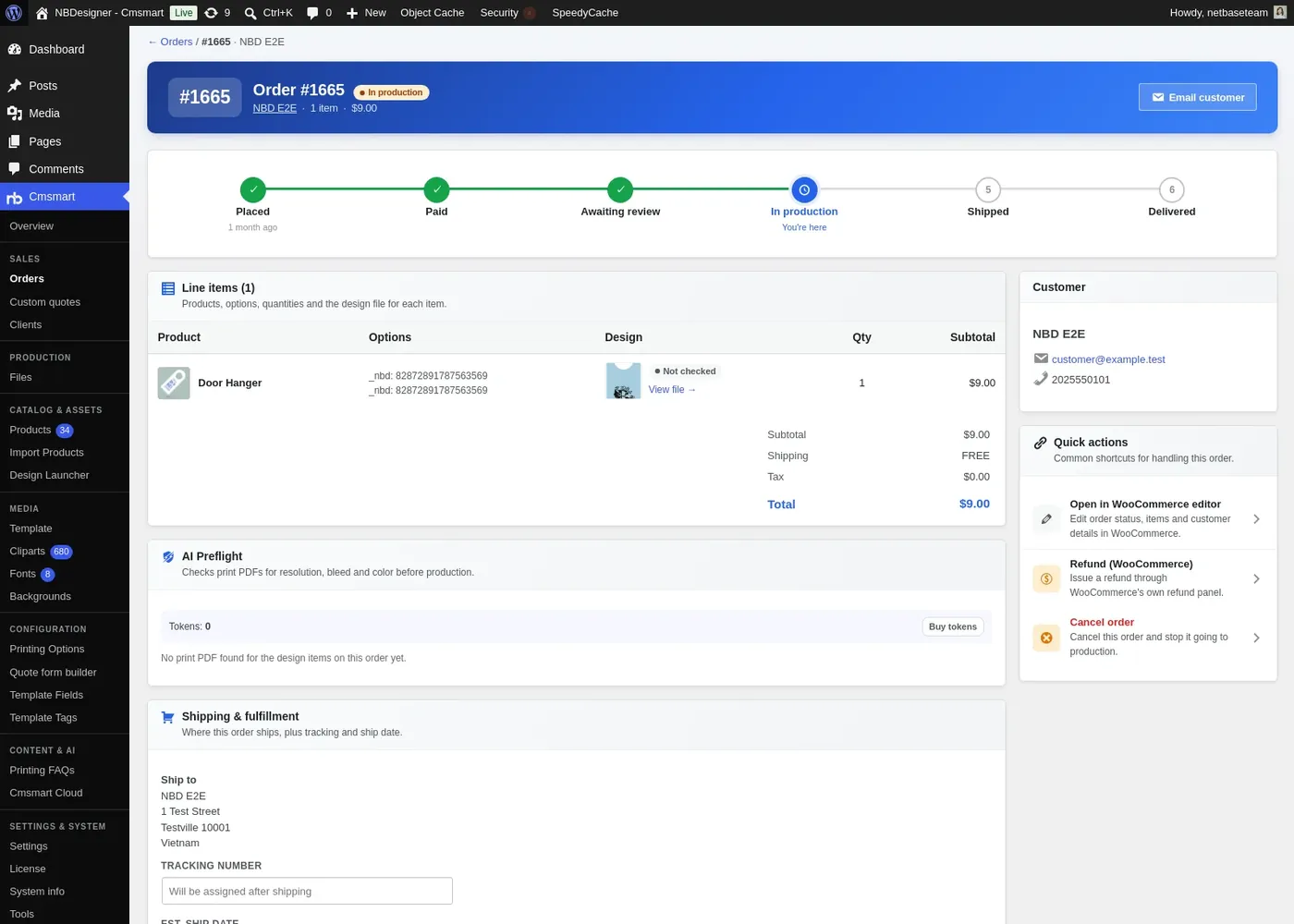 Order detail in wp-admin with the customer design and print options