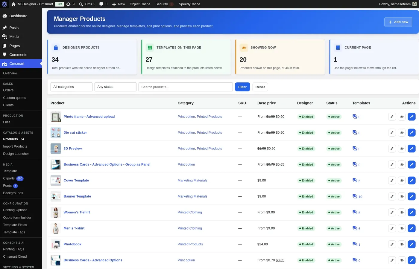 Manager Products screen in WordPress admin listing designer products with category, base price, status and template count