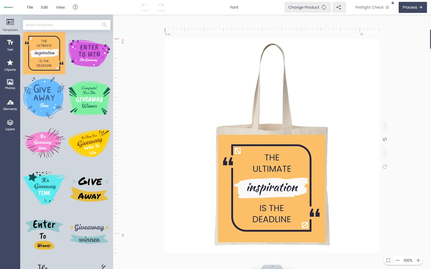 Cmsmart Product Designer editing a tote bag design with the template panel open