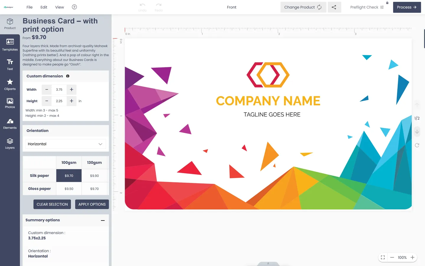 Cmsmart Online Designer editing a business card with print options and a live summary beside the canvas