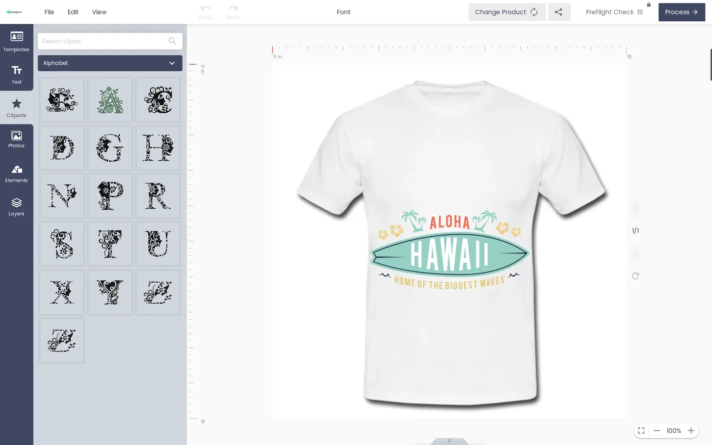 Cmsmart designer with the clipart panel open on the Alphabet category and a T-shirt design on the canvas