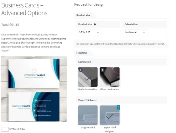 Business card product with print options and a request for design form