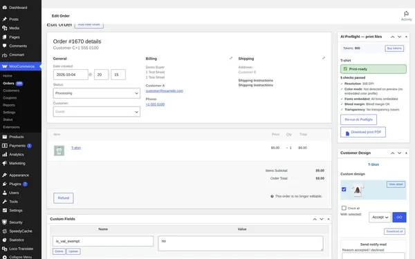 WooCommerce order screen with the Customer Design box: design thumbnail, Accept action, Download all and Send notify mail
