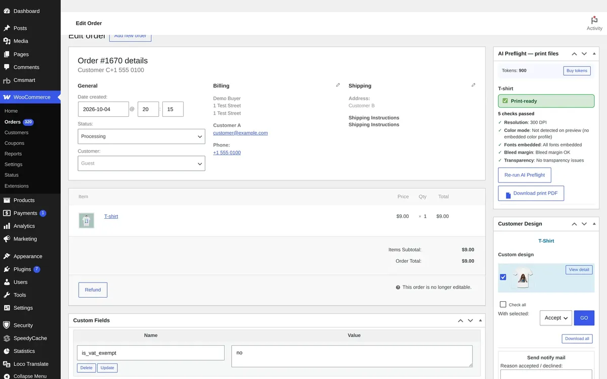 Accept the artwork. Staff accept the customer design on the order; the customer mail is a separate step.
