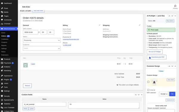 WooCommerce order screen with the print-file check panel and the Customer Design box with an Accept action and a notify-mail field
