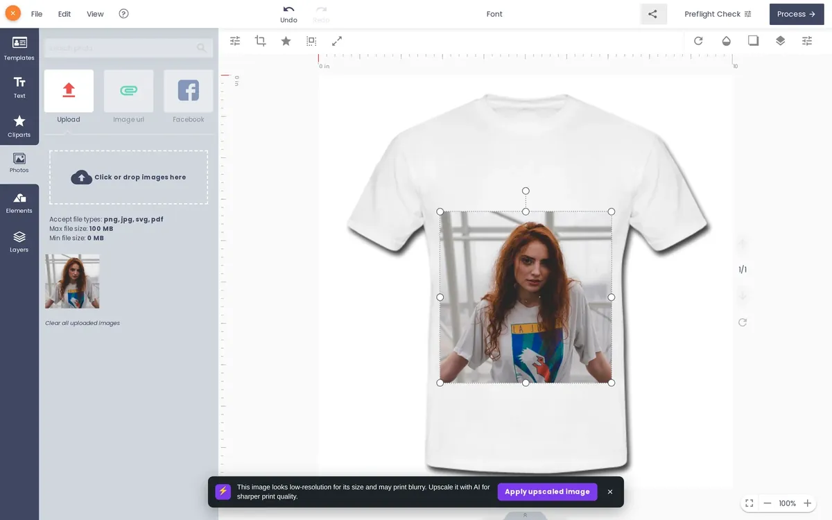 Product designer with an uploaded photo selected and the AI tools in the image toolbar