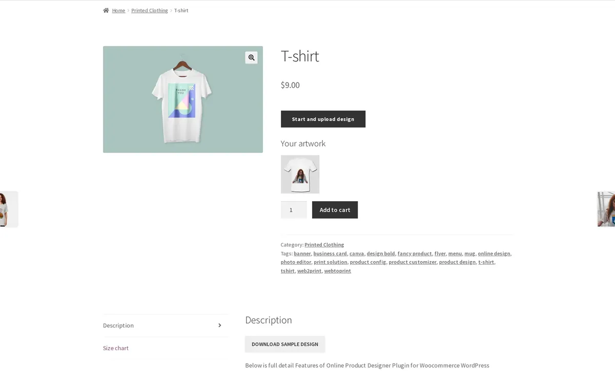 The buyer's artwork is saved. After Process, the AI-edited design is saved as Your artwork next to Add to cart.