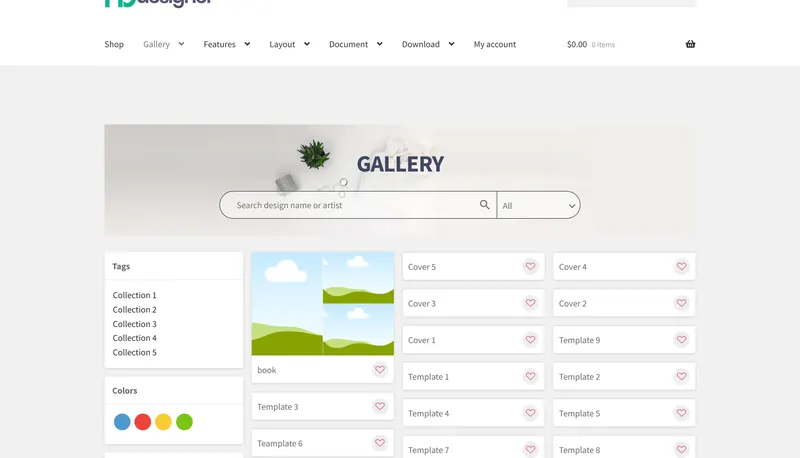 Public template gallery on the Cmsmart demo store with tags, colours and search