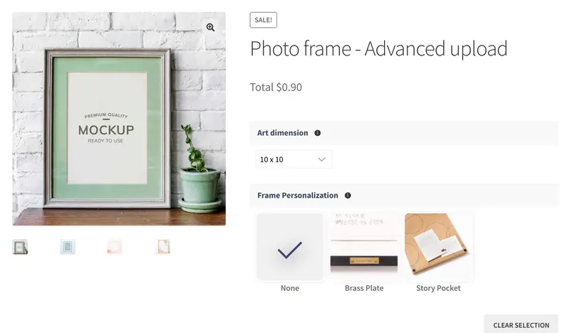 Photo frame product with art dimension, frame personalisation and an Upload Design button on the Cmsmart demo store