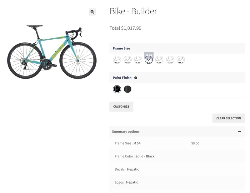 Bike builder product page with frame size and paint finish swatches, a Customize button and an options summary with the final price