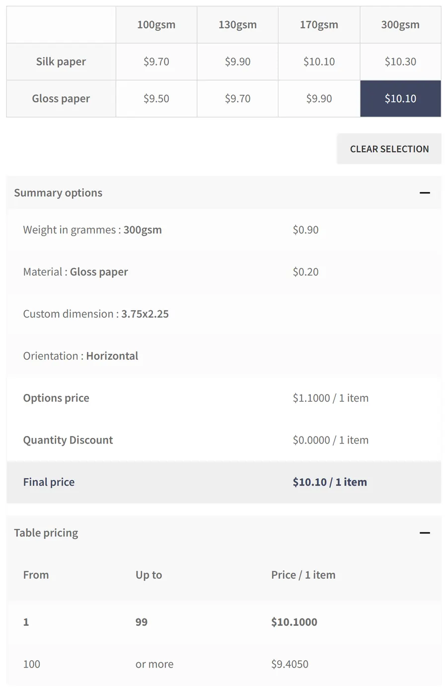 The price updates as you choose