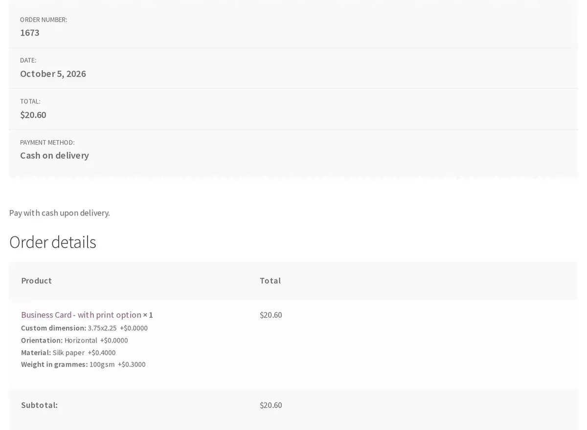 Order received for a business card: custom dimension, orientation, material and paper weight each listed with its price delta