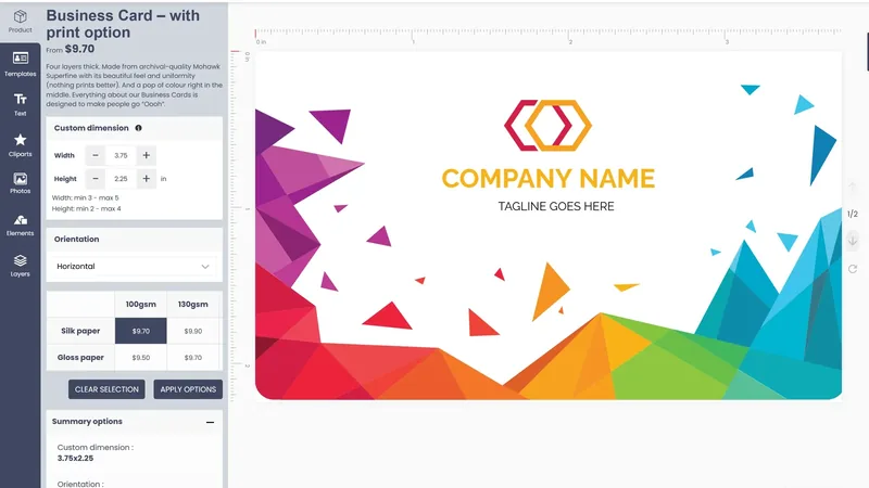 Product designer editor with a colourful geometric business card and its size, paper and price options, shown for the free WooCommerce migration assessment