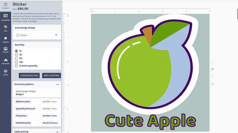 Sticker product in the online designer with shape, quantity and price options