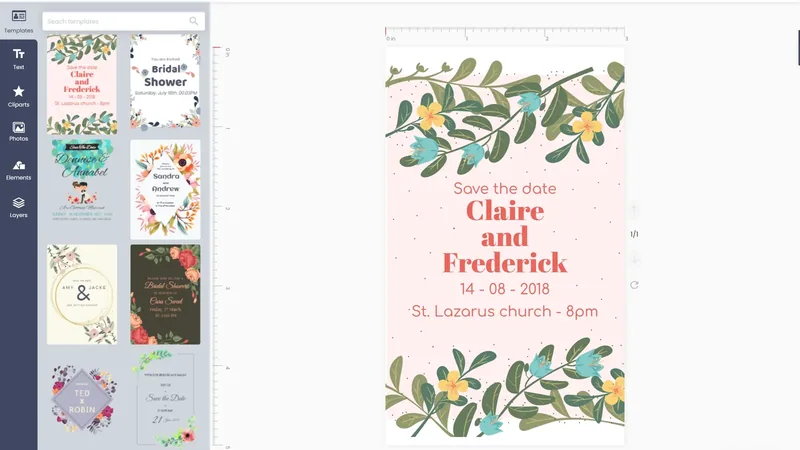 Product designer editor showing a floral save-the-date invitation with a template gallery, illustrating the move from Customily to Cmsmart