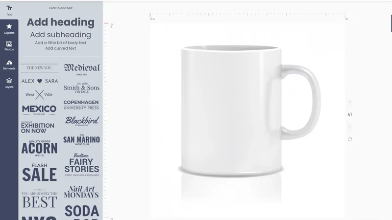 Product designer editor showing a white ceramic mug next to a text and font panel, illustrating the move from Zakeke to Cmsmart