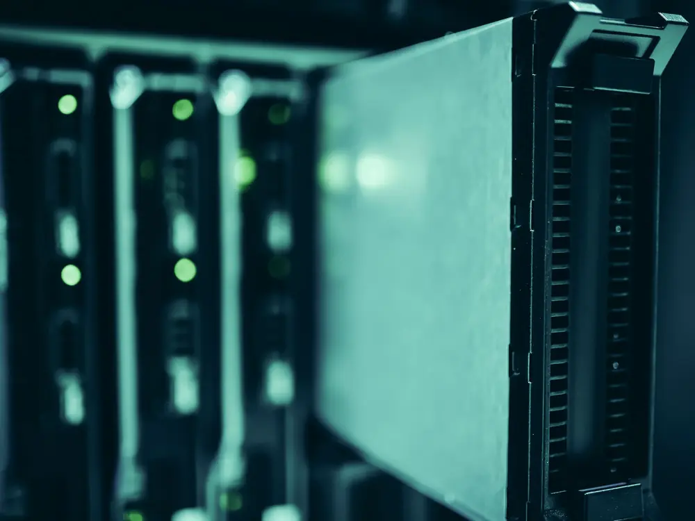 Server rack with status lights in a data room