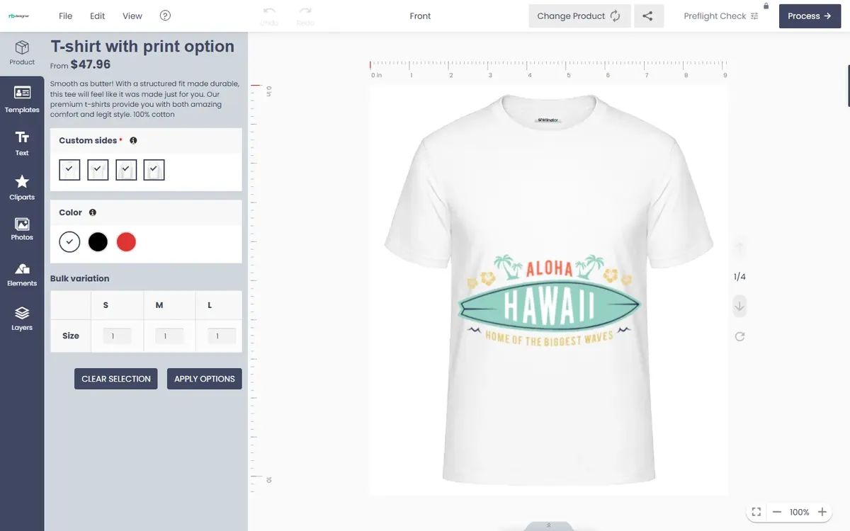 Cmsmart Product Designer t-shirt editor inside a WooCommerce product page