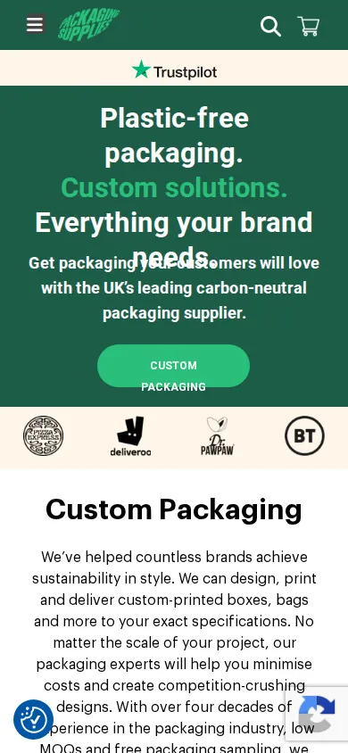 Home page of Business Transformation for Eco-Friendly Packaging and Custom Solutions on a phone