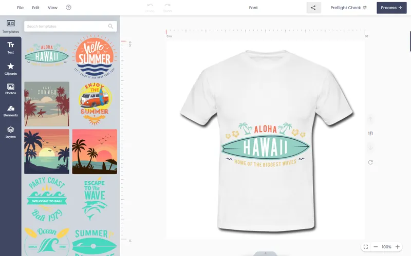 Cmsmart product designer showing a T-shirt with the Aloha Hawaii template, the template panel and the Preflight Check button